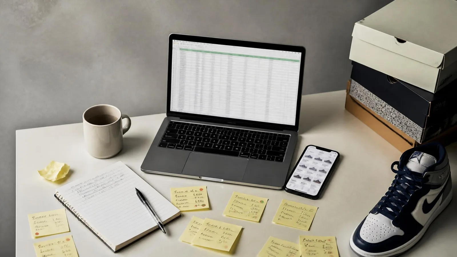 A cluttered desk flat-lay showing a laptop with a spreadsheet, a phone with a marketplace app, sticky notes with handwritten sneaker prices, and a single sneaker, illustrating the effort of manually tracking a sneaker collection.