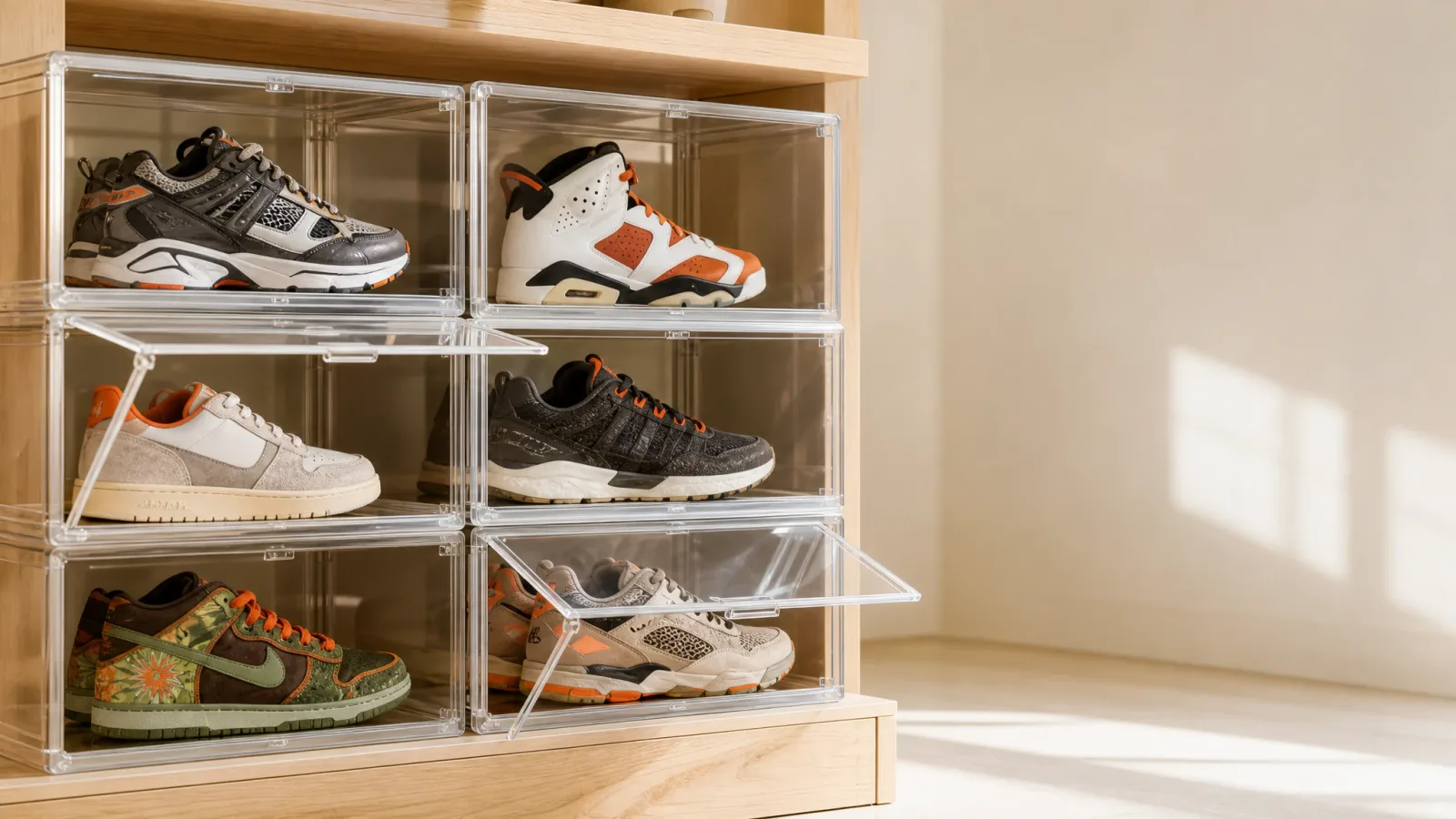 Six pairs of sneakers in clear drop-front boxes inside a light wood shelving unit, including a floral-print low-top and several tan and orange colourways, lit by daylight against a cream wall.