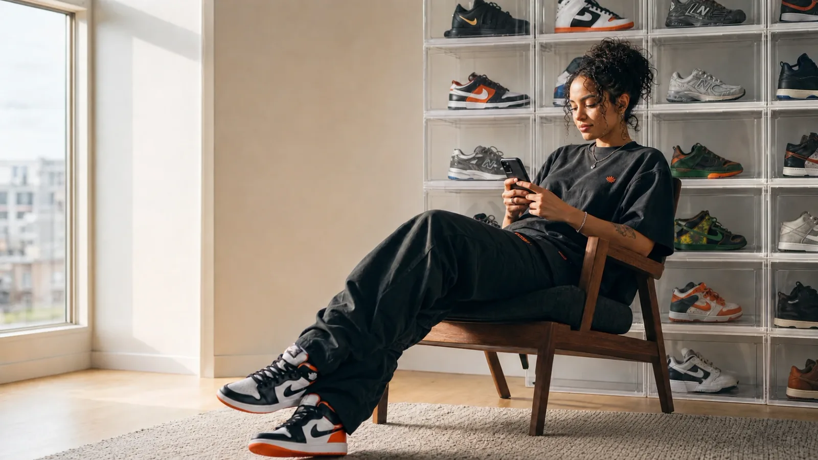 A woman sits in a wooden chair by a window checking her phone, wearing black and orange high-top sneakers, in front of a wall of clear stackable boxes holding her sneaker collection.