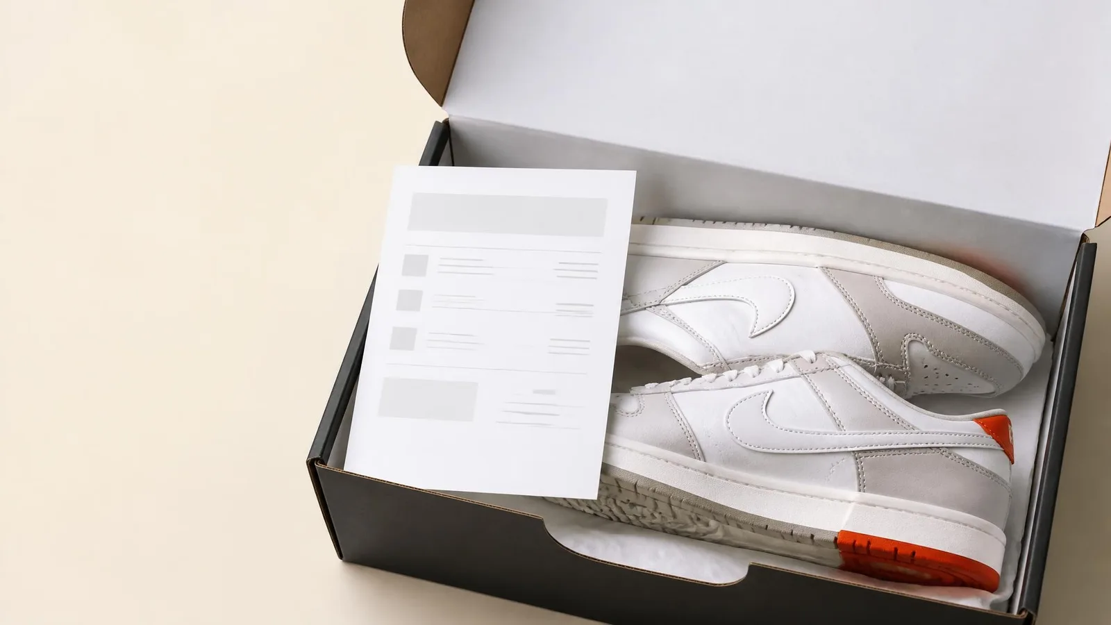 An open shoebox containing a sneaker and a printed order confirmation receipt on a warm off-white surface, representing the prep session of gathering purchase records before cataloguing.