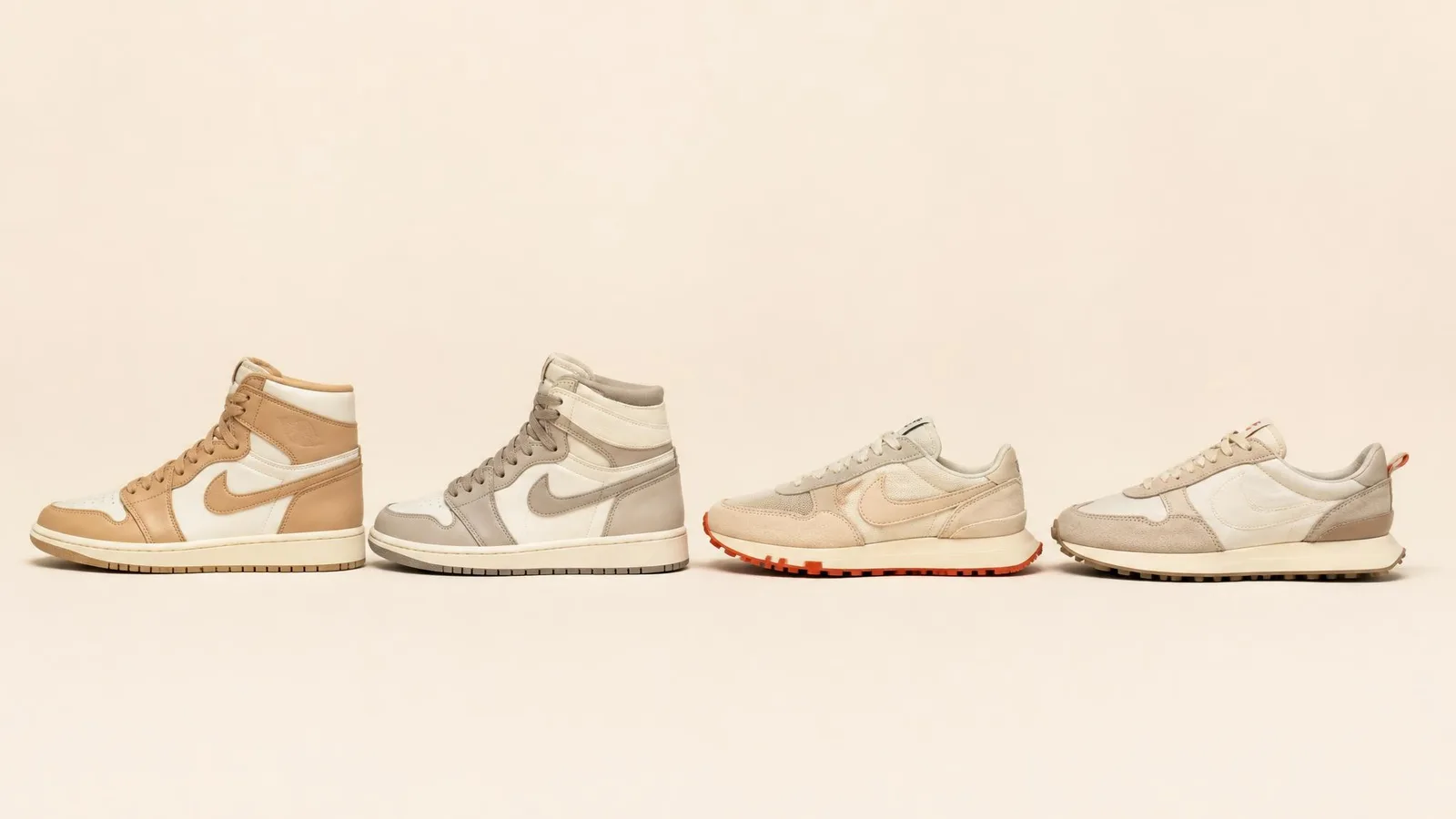 Four sneakers lined up in a clean side-profile row on a warm off-white surface, grouped by silhouette type to illustrate the batching approach used during the fast first-pass cataloguing session.