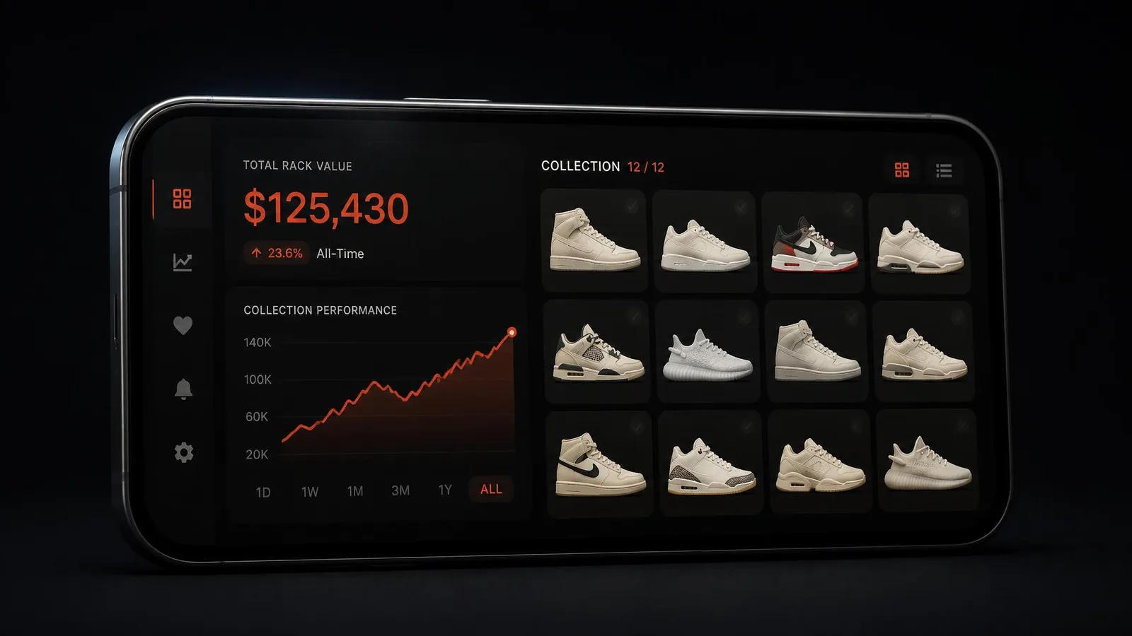 A smartphone displaying a sneaker collection dashboard app with a grid of pairs, a total rack value, and a performance chart line in orange-red, representing a completed and organised sneaker catalog.