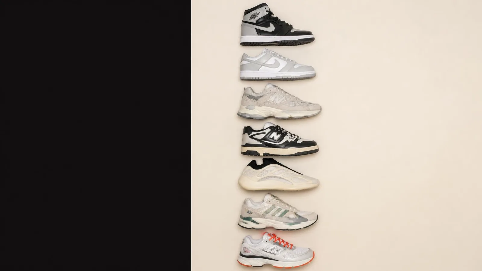Flat-lay overhead arrangement of multiple sneaker silhouettes including Jordan 1s, Dunks, and New Balance pairs laid out in clean rows against a warm off-white background, ready for cataloguing.