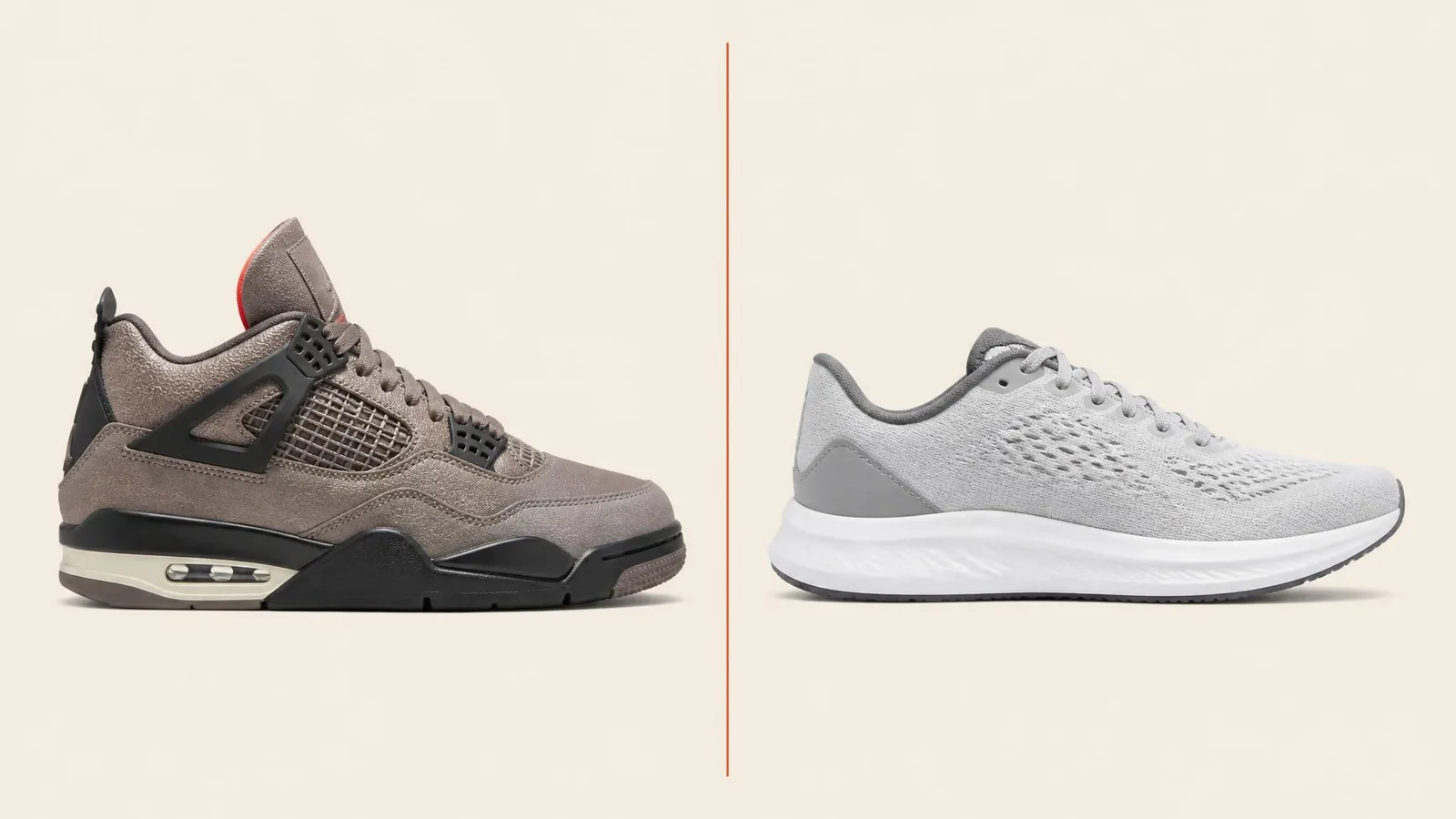 Two sneakers photographed side by side in catalogue style: a rare limited-release silhouette on the left and a standard general-release runner on the right, separated by a thin orange line to illustrate the gap in estimated rack value.
