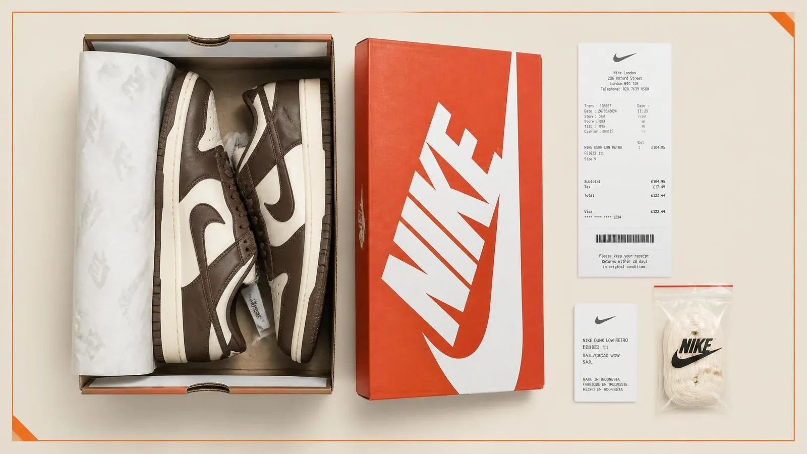 Flat-lay of a dead-stock sneaker pair in its original box surrounded by a purchase receipt, authenticity card, and spare laces, arranged in an orderly grid on a warm off-white surface to represent complete collection documentation.