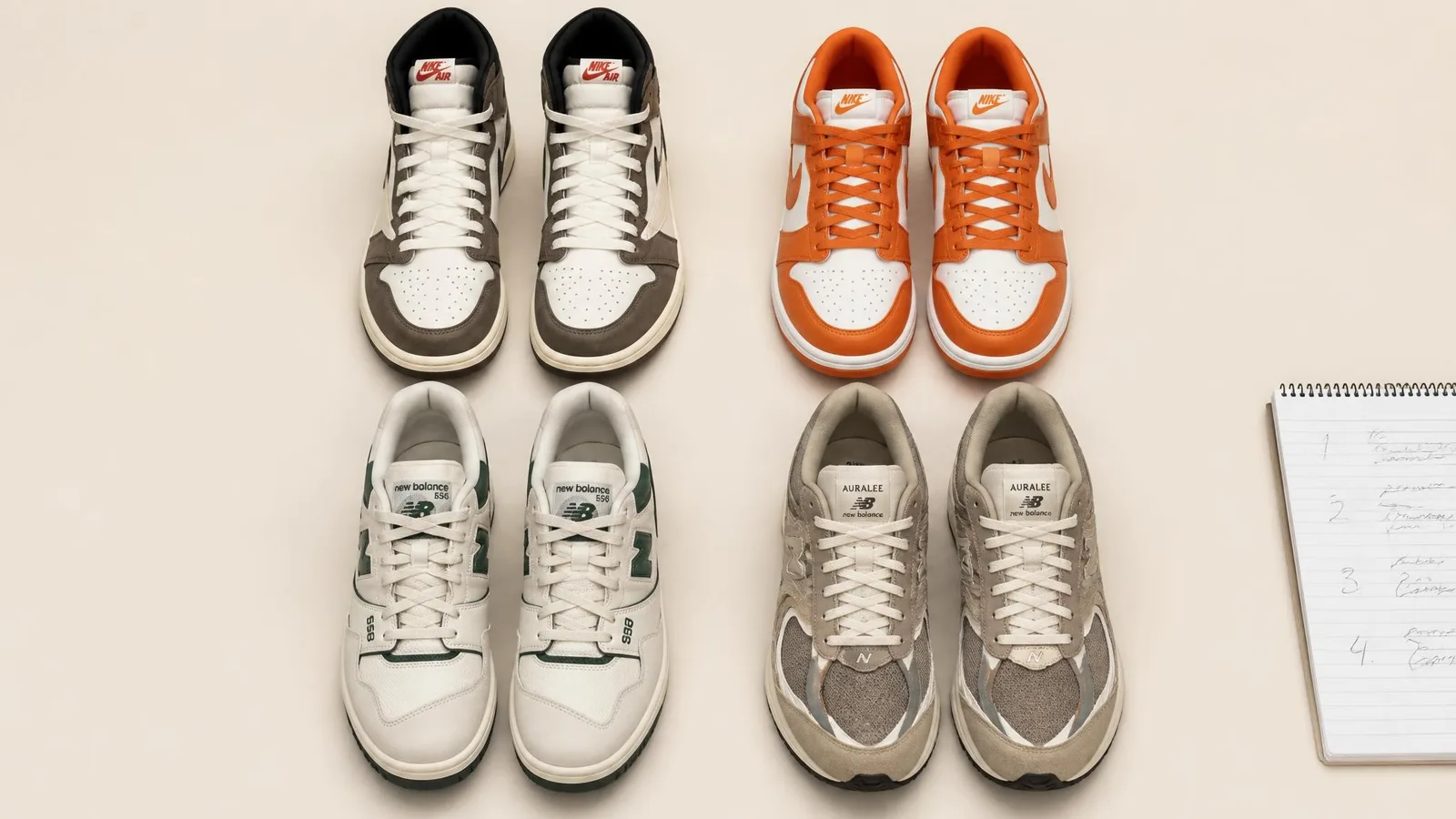 Four pairs of sneakers laid out in a flat-lay grid on a light surface, arranged as if being catalogued and audited, with a partially visible handwritten list at the edge of the frame.