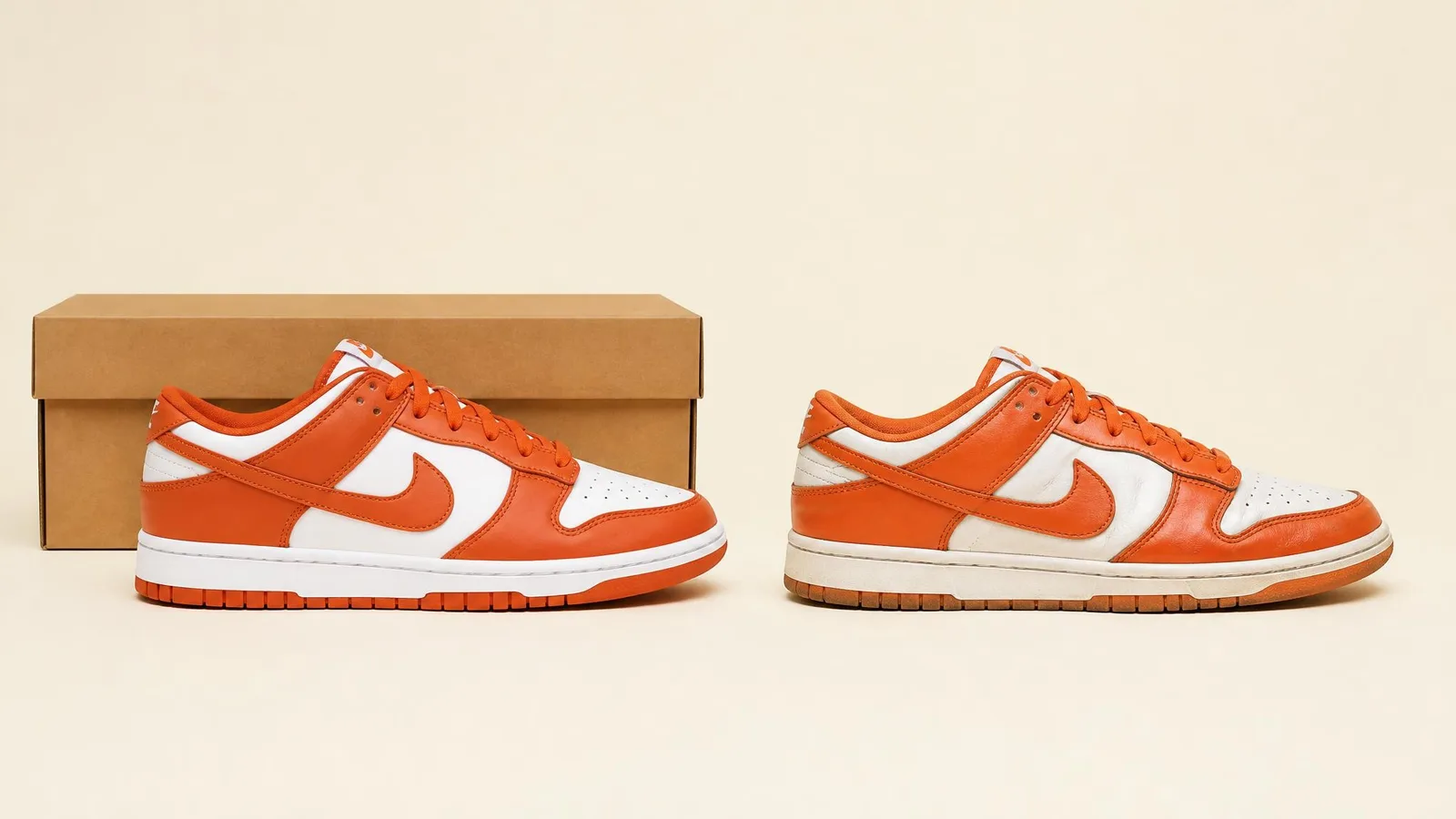 Two identical sneakers of the same model and colourway placed side by side in a studio setting, one in pristine dead-stock condition with its box visible, the other showing light signs of wear, illustrating the difference between unworn and worn pairs of the same shoe.