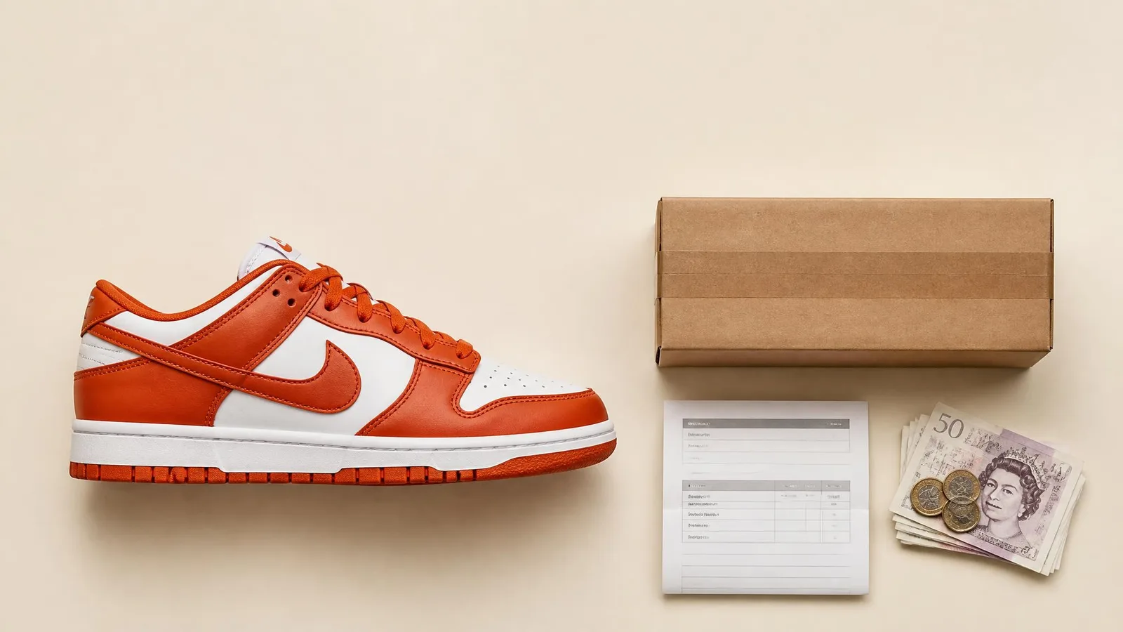 A flat-lay showing a single sneaker alongside a shipping box, a folded receipt, and a small stack of coins, representing the real costs involved in selling a pair and the gap between asking price and net proceeds.