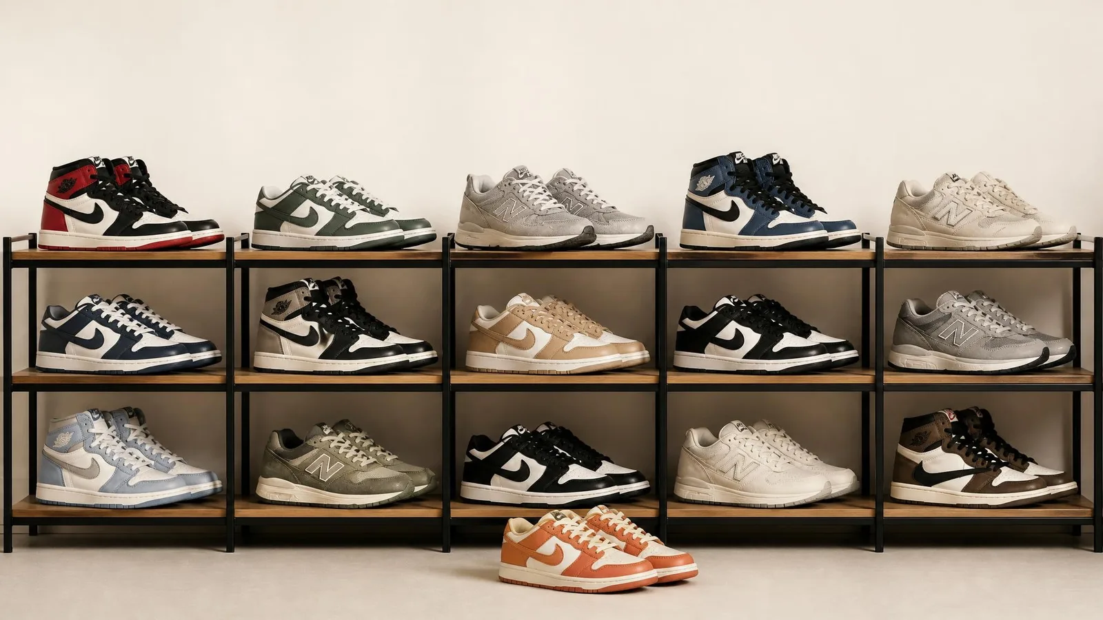 An overcrowded sneaker shelf displaying rows of Jordan 1s, Dunks, and New Balance pairs, with one pair resting on the floor below the lowest shelf, suggesting the collection has outgrown its storage space.