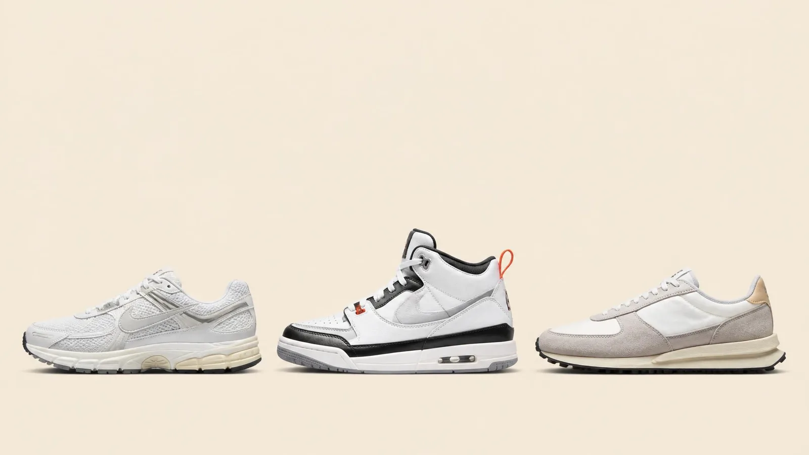 Three different sneakers arranged side by side in a clean row against a warm off-white background, showcasing distinct silhouettes from general release to limited tiers