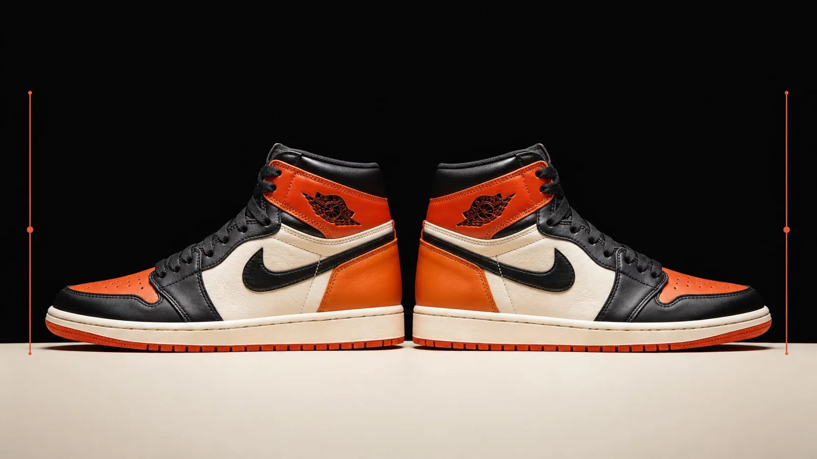 A mirrored pair of high-top sneakers displayed symmetrically in catalogue-style side profile against a dark background with warm cream surface accents and subtle orange bracket elements at either side.