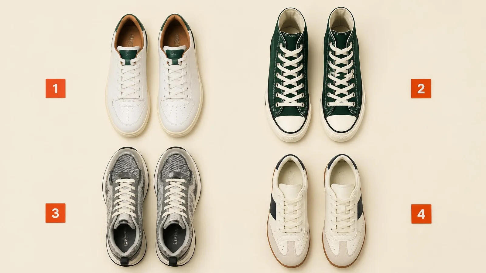 Four distinct sneaker silhouettes arranged in a flat-lay grid on a cream background, each labelled 1 through 4 with small orange tags, representing the four-question decision framework.