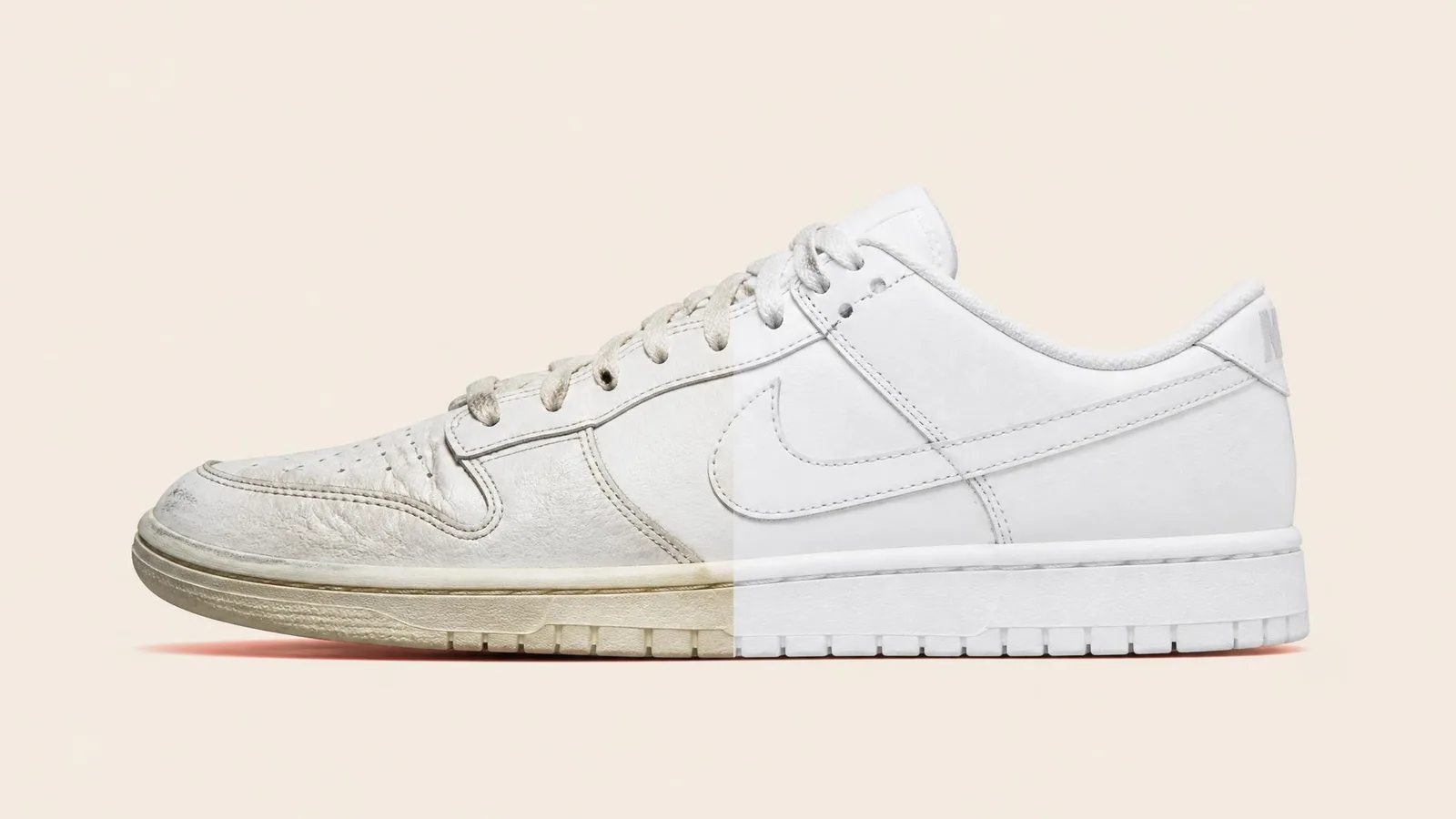 A side-profile catalogue shot of a single sneaker showing the contrast between dead-stock condition and light wear creasing, placed on a cream background to illustrate the wear-or-hold dilemma.