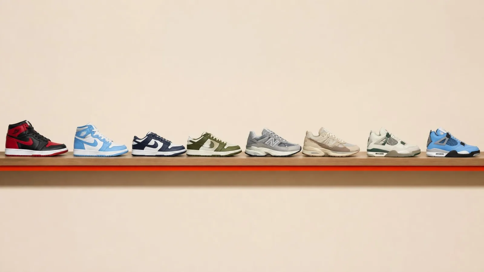 A full sneaker shelf displaying six to eight pairs including Jordan 1s, Dunks, and New Balance silhouettes in a clean catalogue-style side-profile row, representing a collector reviewing their full rack.