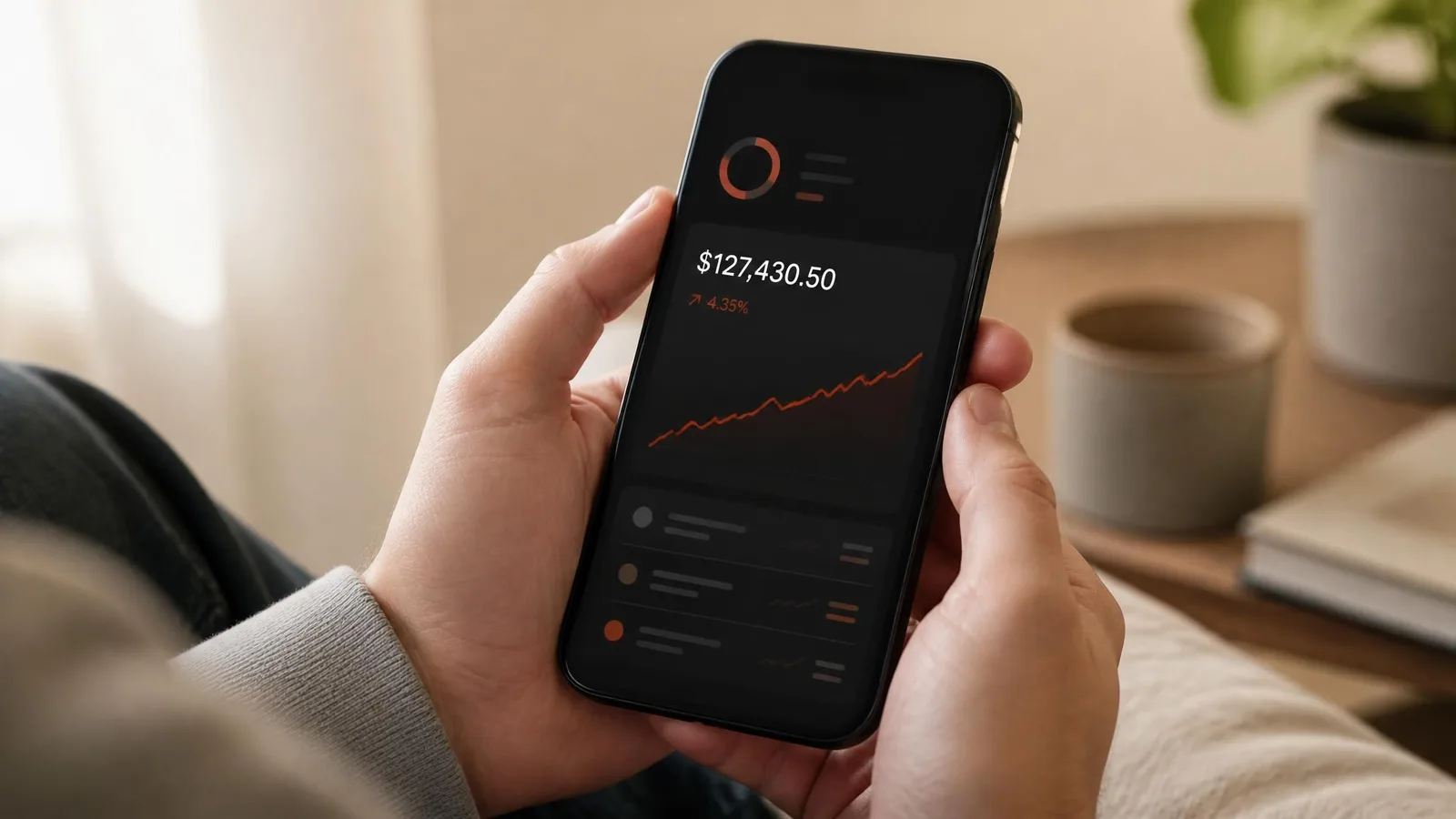 Close-up of hands holding a smartphone showing a dark-background sneaker portfolio dashboard with a rack value figure and a small orange trend chart, against a warm blurred background.