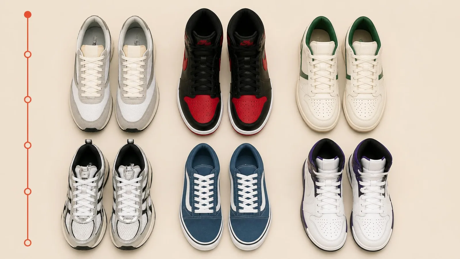 Overhead flat-lay of five to six diverse sneakers including a runner, a high-top basketball shoe, and a court shoe arranged in a grid on a warm off-white surface, representing a curated collector's rack viewed as a whole.
