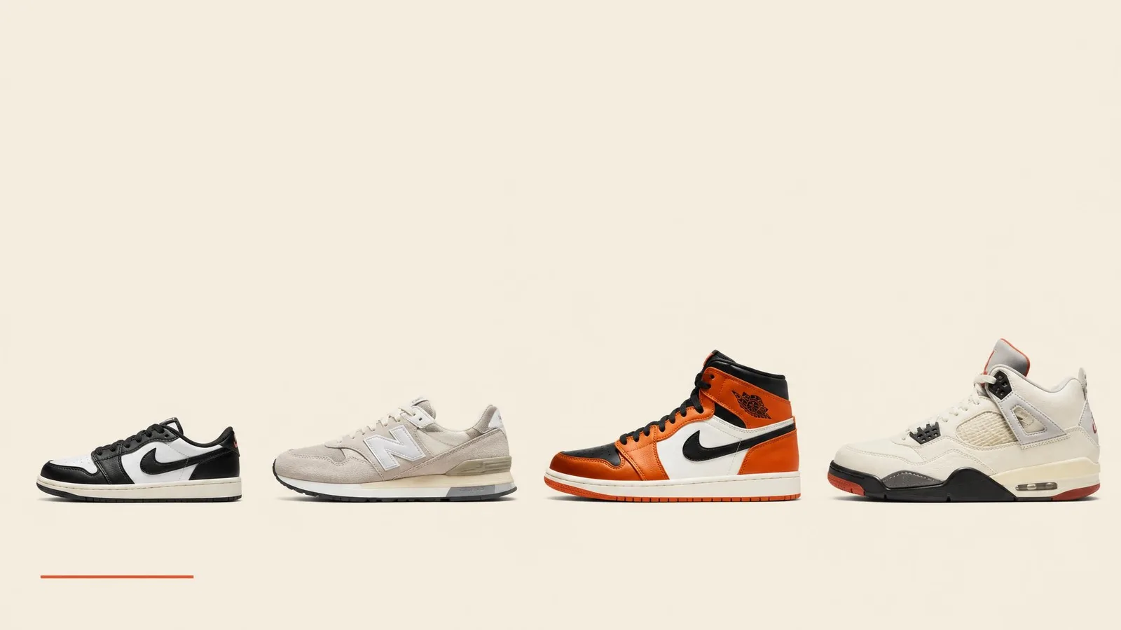 A row of premium sneakers including a Jordan 1 and a New Balance low-top arranged in side-profile catalogue style against a warm off-white background, lit evenly in a studio setting.