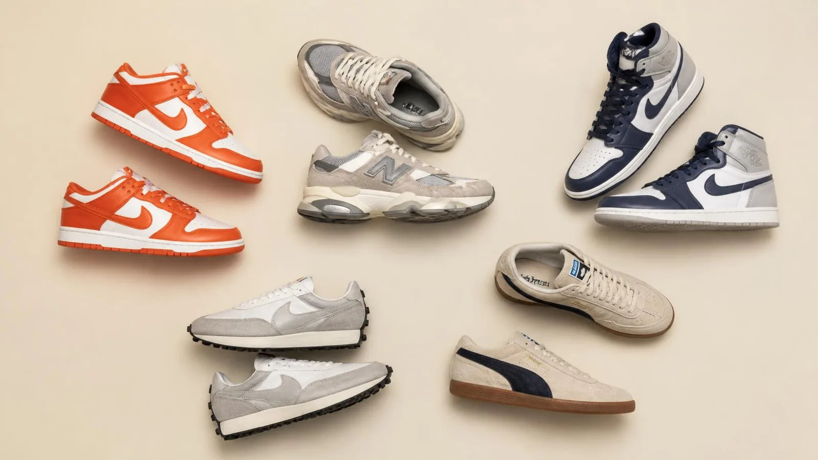 An overhead flat-lay of six diverse sneaker silhouettes arranged on a cream surface, representing different personal collecting criteria including silhouette, material, and era.