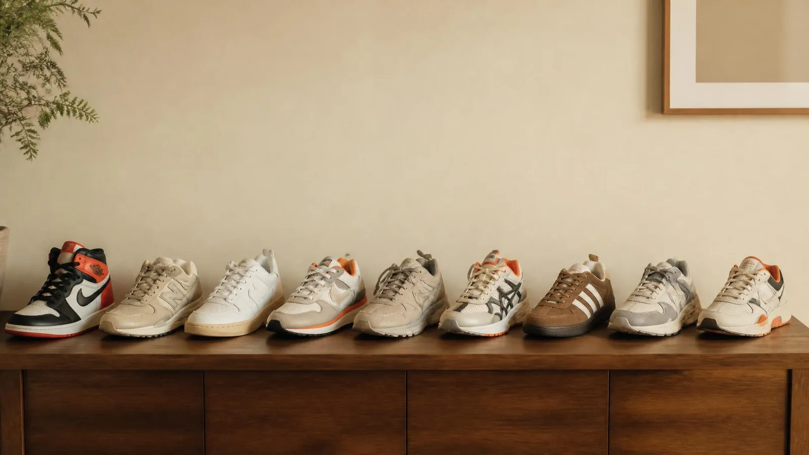 A row of 8 to 10 diverse sneakers displayed in order on a wooden shelf against a warm cream wall, representing a curated personal collection built around clear individual taste.
