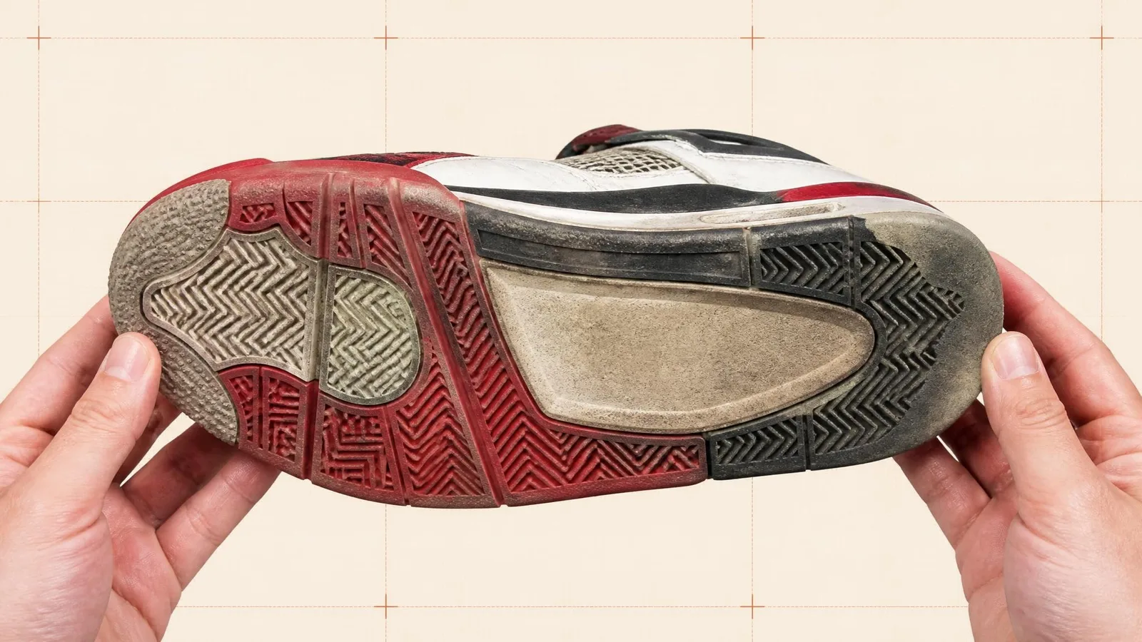 A sneaker held sole-up showing the full outsole tread pattern during a condition inspection, photographed against a clean cream background.