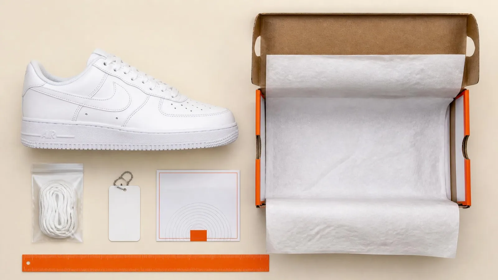 Flat-lay showing a sneaker, its original box with tissue paper, spare lace bag, hangtag and accessories laid out in a structured grid on a cream surface.