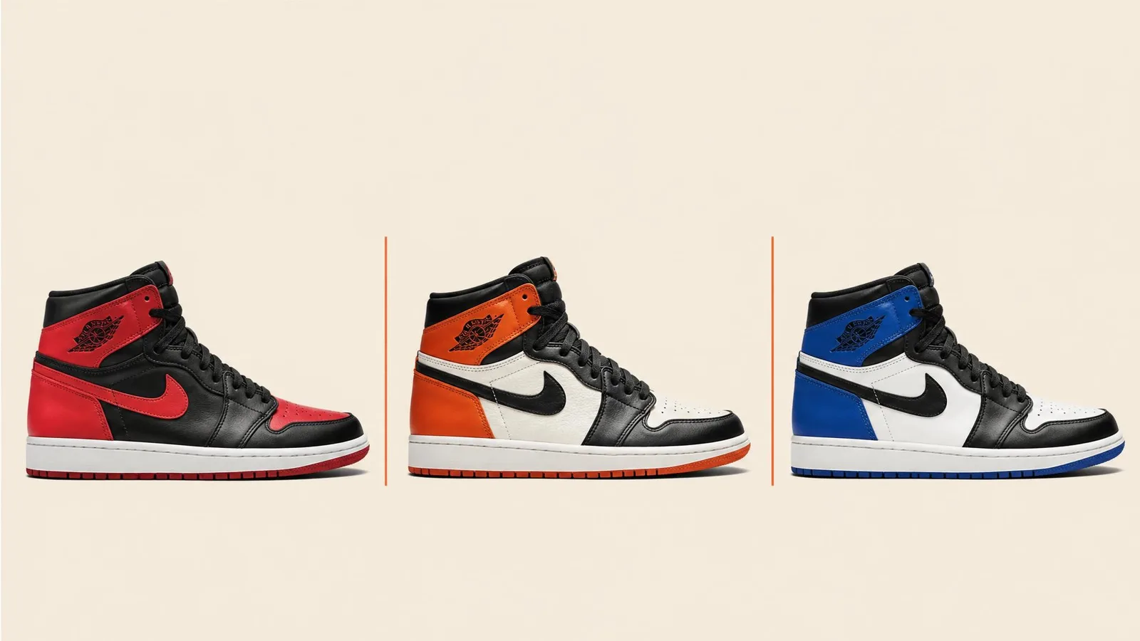 Three Air Jordan high-top sneakers arranged side by side in a flat-lay catalogue display on a warm off-white background, showing distinct silhouettes for comparison.