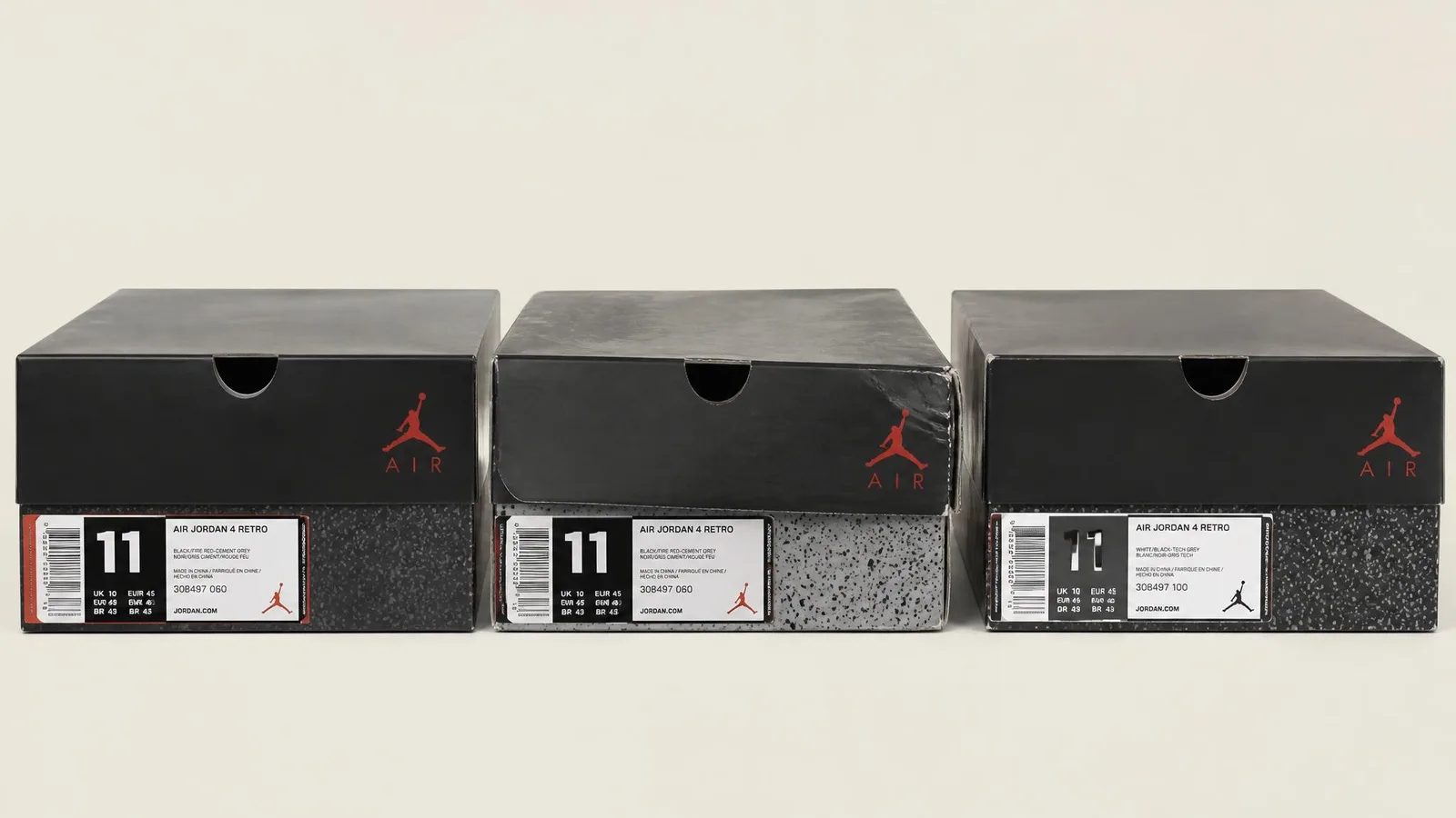 Three sneaker boxes side by side showing an intact original box, a damaged box with a crushed corner and water staining, and a replacement box with a mismatched style code label.