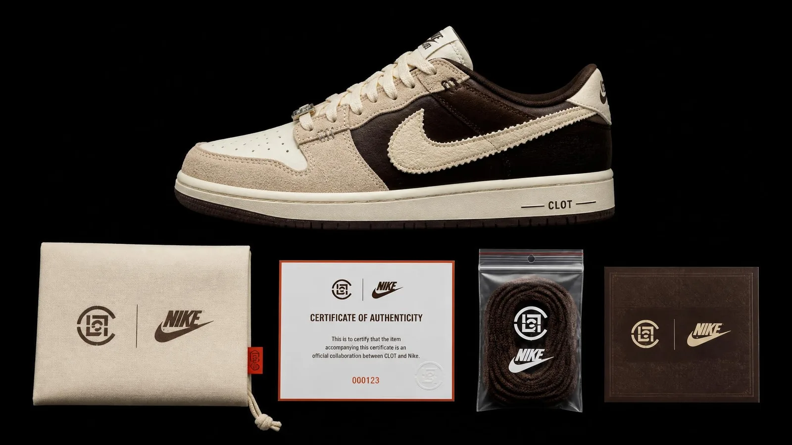 A collaboration sneaker in side profile displayed above its complete accessory set including a dust bag, certificate of authenticity, alternate laces, and a co-branded insert card on a dark background.