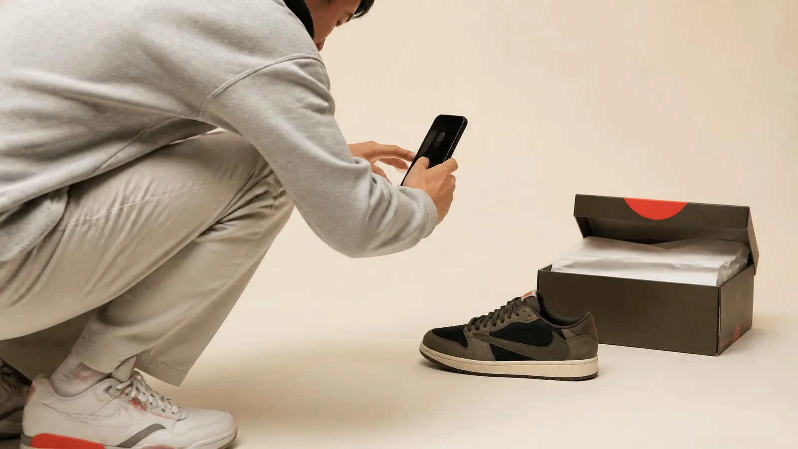 A young sneaker collector crouching to photograph a sneaker and its original open shoebox with a smartphone, capturing the style code label for documentation purposes.