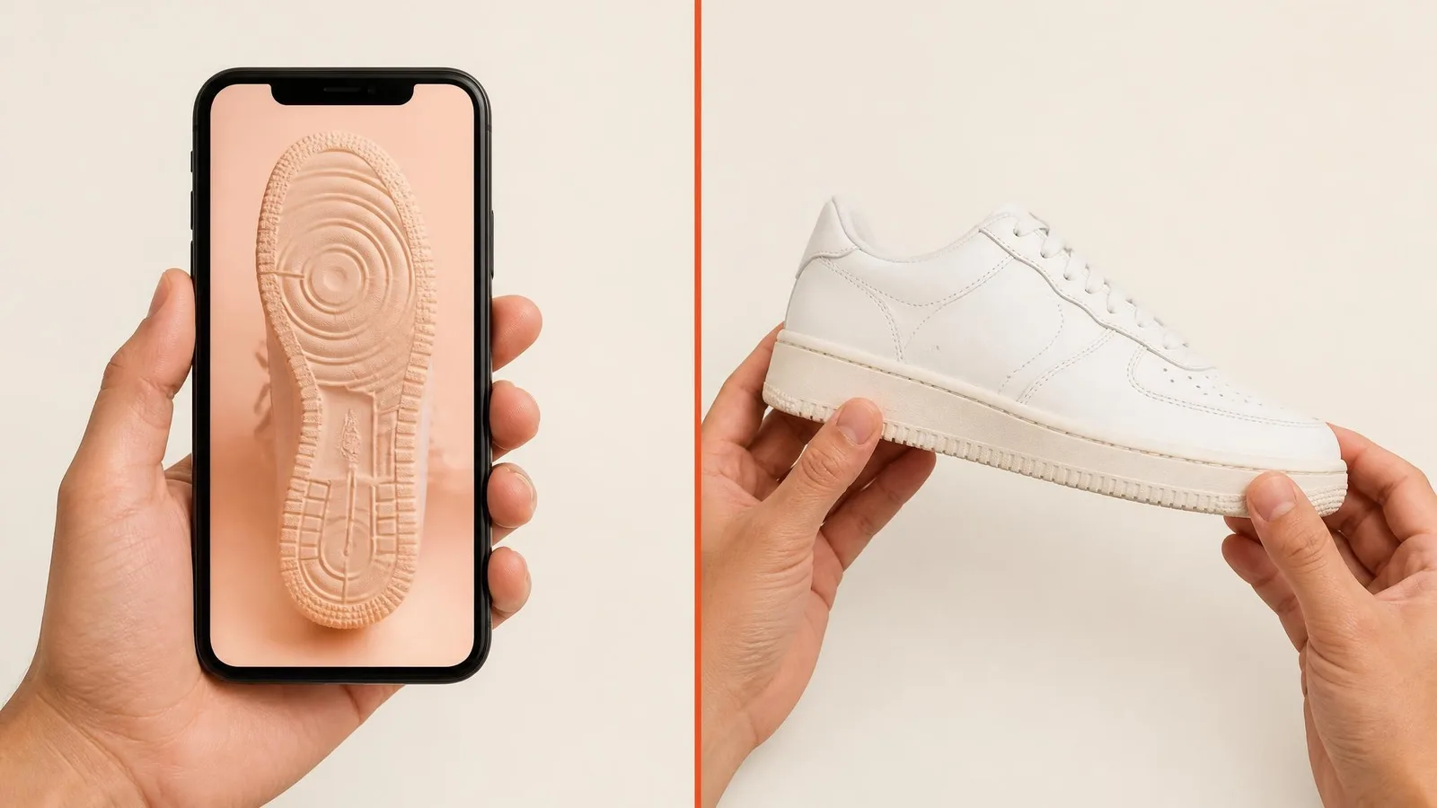 Split-panel image showing a smartphone displaying a sneaker photo on the left, and hands physically inspecting a white sneaker's stitching on the right, illustrating the difference between photo and in-hand authentication methods.