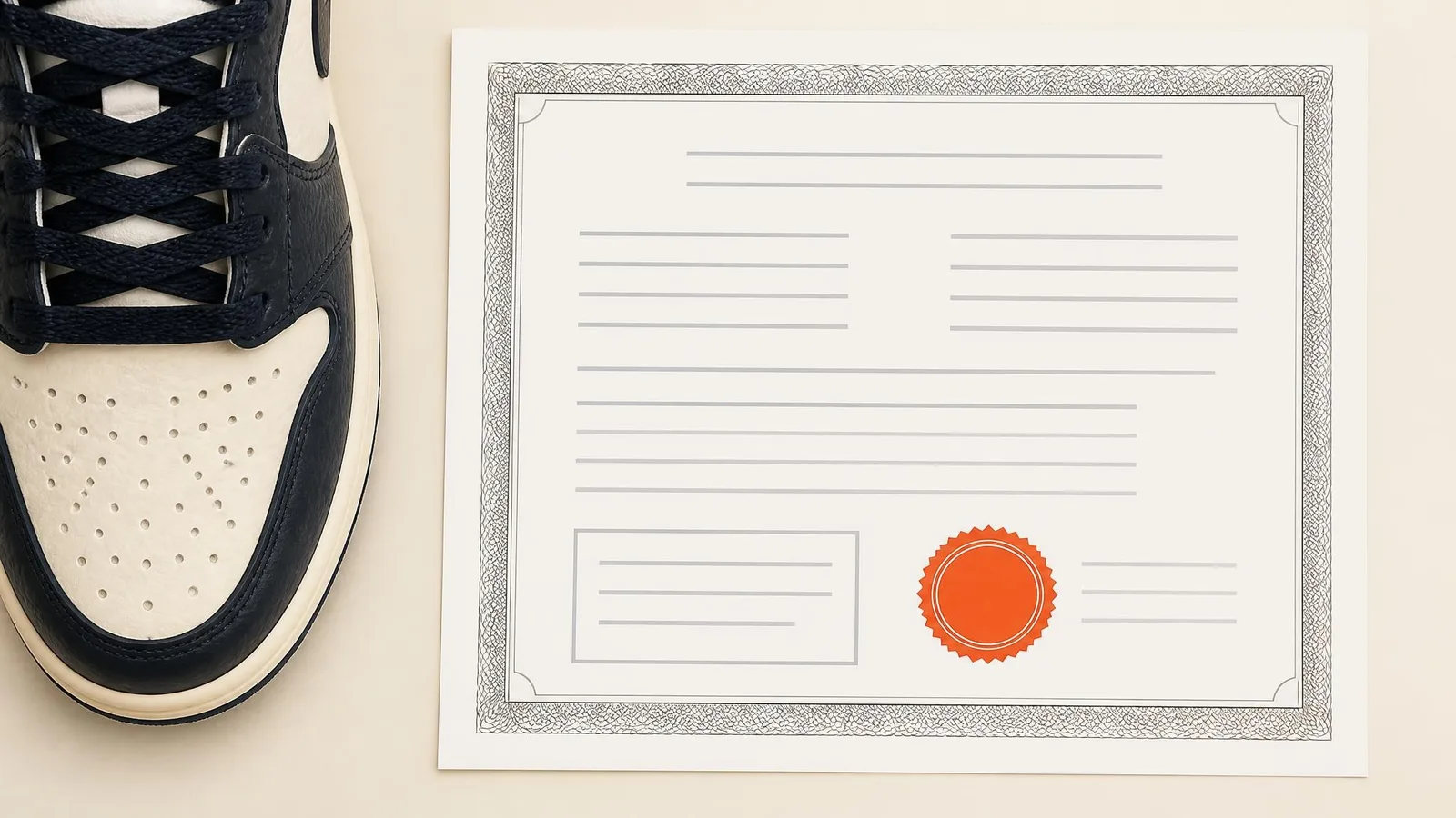 A generic authentication certificate document on a warm off-white surface, with a partially visible white sneaker toe box at the left edge of frame and an orange seal graphic on the certificate.