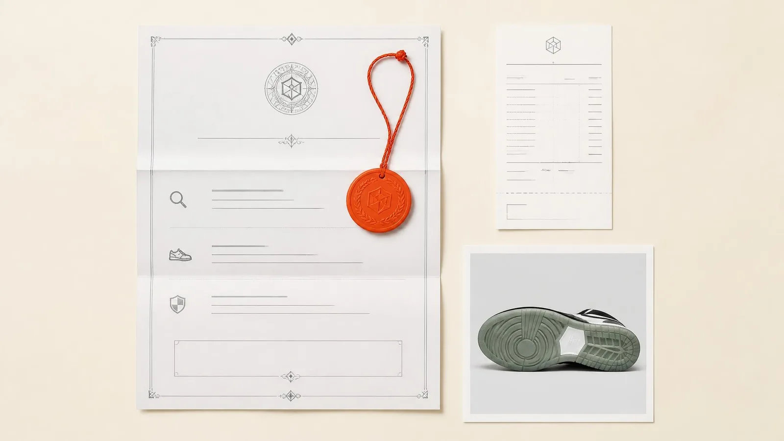 Flat-lay of a collector's authentication paper trail including a folded certificate, printed receipt, submission photo of a sneaker sole, and an orange authentication hang tag arranged on a warm off-white surface.