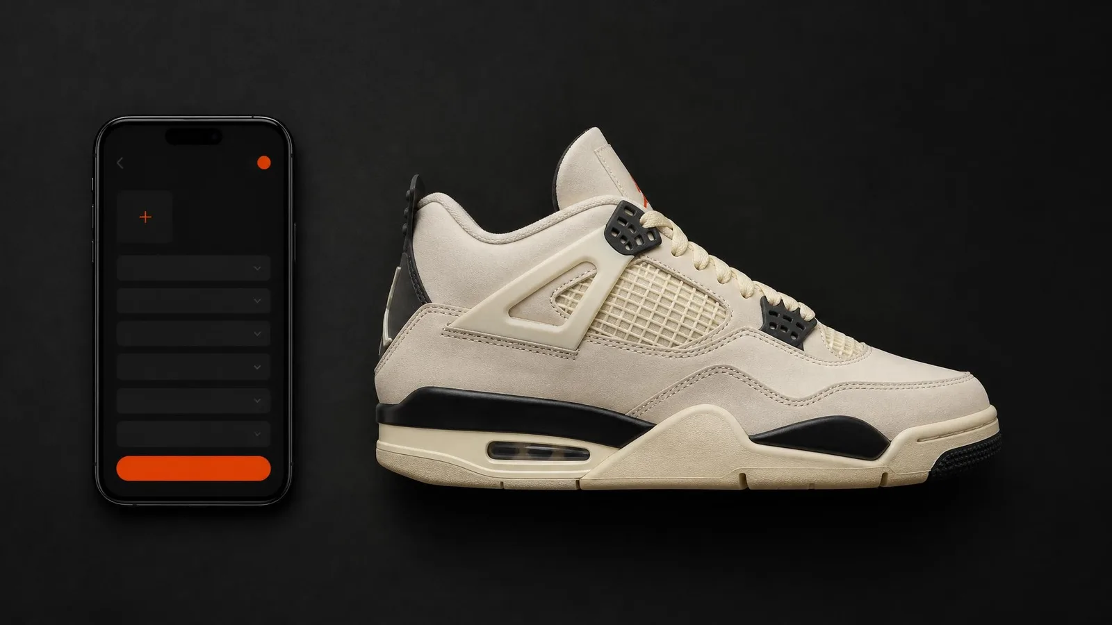 A single sneaker in catalogue side-profile beside a smartphone displaying a dark-themed collection entry interface, illustrating the practice of recording country of manufacture as a label field in a digital sneaker catalog.