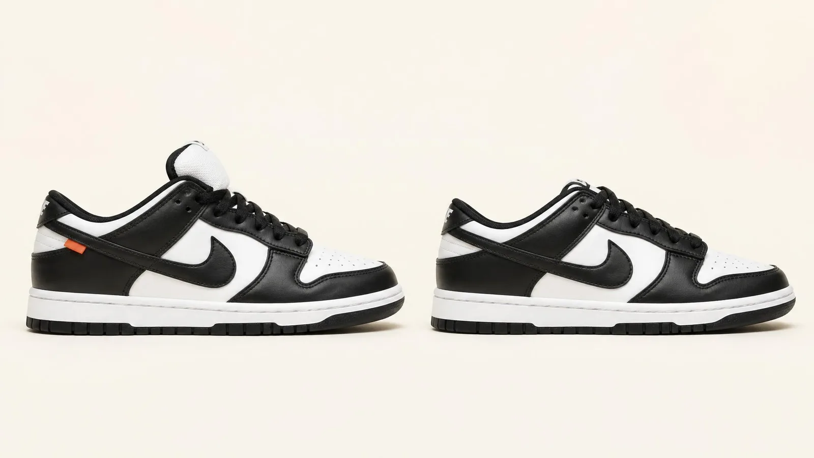 Two Nike Dunk Low sneakers placed side by side in side-profile view, with the SB Dunk's thicker padded tongue visible on the left and the standard Dunk's leaner construction on the right, against a clean white background.