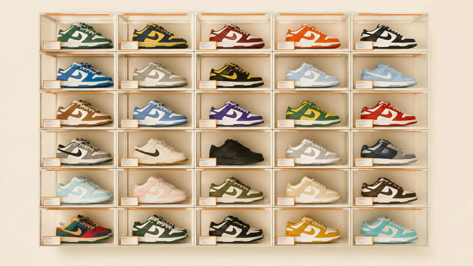 A top-down view of multiple Nike Dunk pairs organised in clear storage boxes on white shelving, each pair in its own space with a small style code card visible, representing a systematically filed sneaker collection.