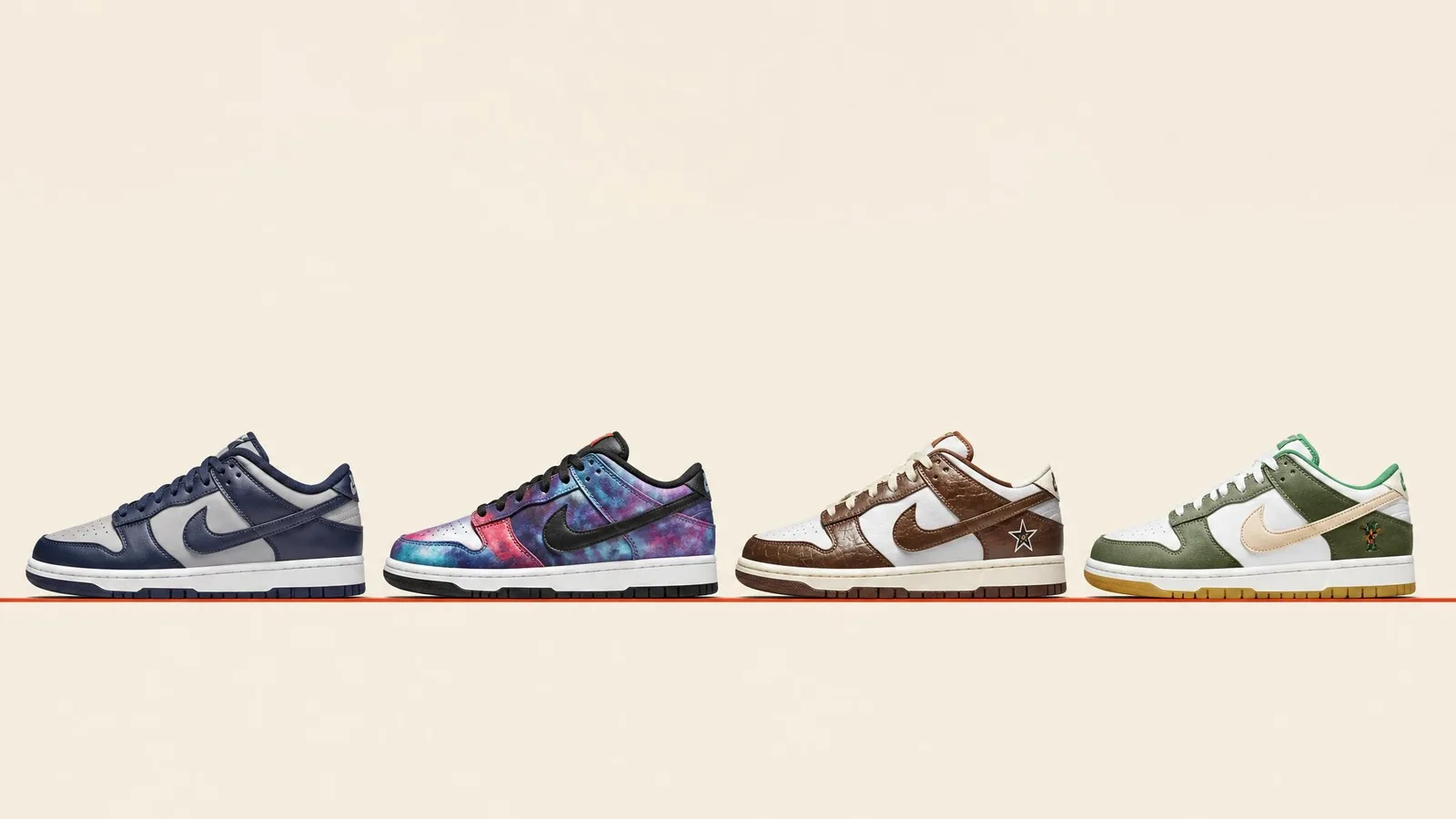Four Nike Dunk silhouettes in different colourways arranged side by side in a flat-lay catalogue composition against a warm off-white background, representing the GR, SB and collaboration sub-lines.