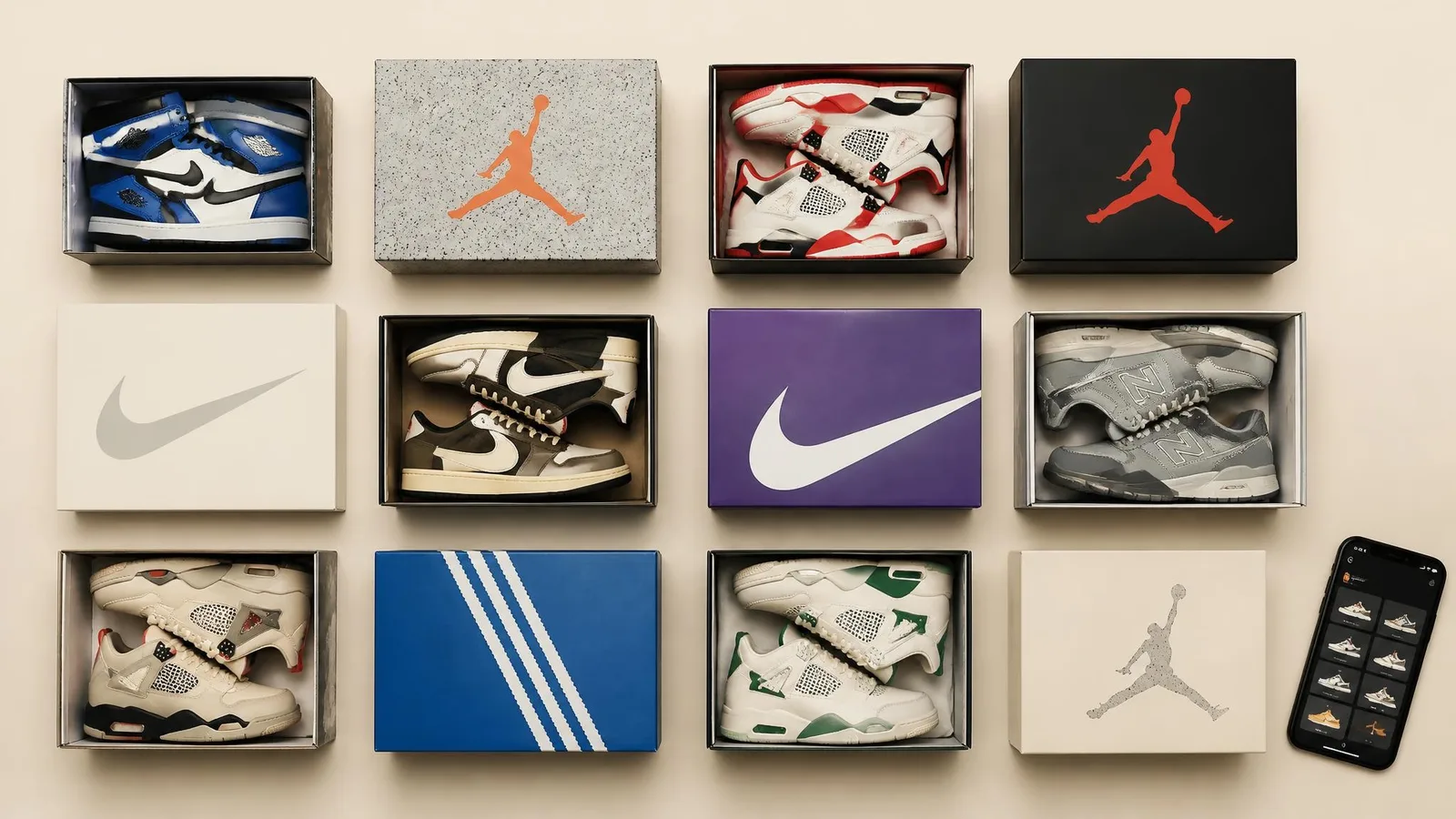 An overhead flat-lay of sneakers in original boxes arranged in a neat organised grid on a warm cream surface, with a smartphone showing a dark collection-tracking interface with an orange accent in the lower corner.