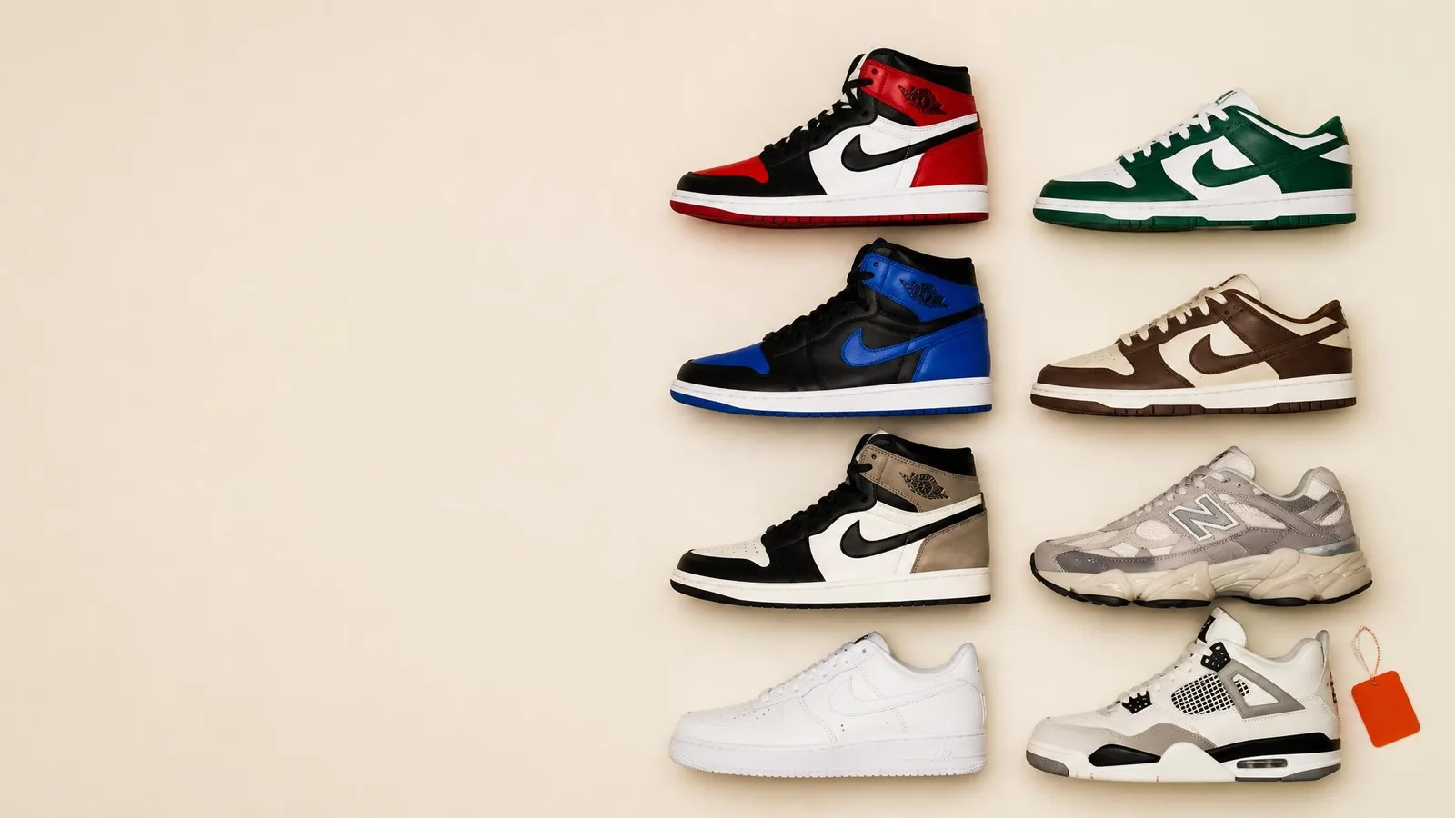 A flat-lay catalogue arrangement of iconic sneakers including Air Jordan 1s, a Dunk, and a New Balance runner laid in a precise row on a warm cream surface, with a small burnt-orange accent tag beside one pair.