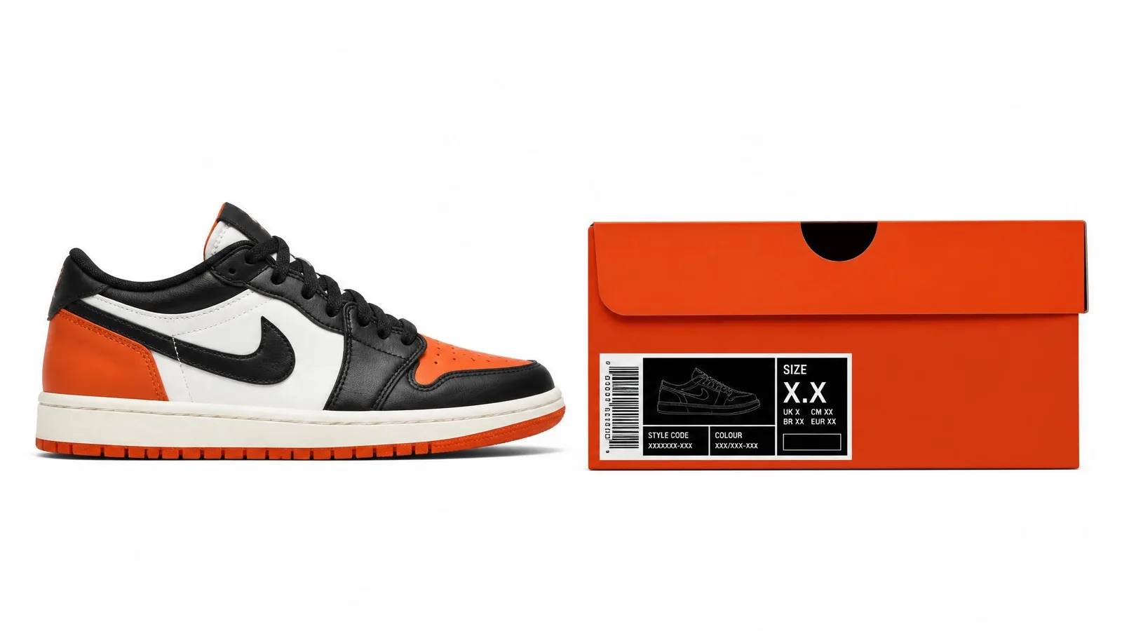 A sneaker positioned beside its orange box with the style code and size label facing the viewer, illustrating how box labels can be used to identify a pair when a receipt is unavailable.