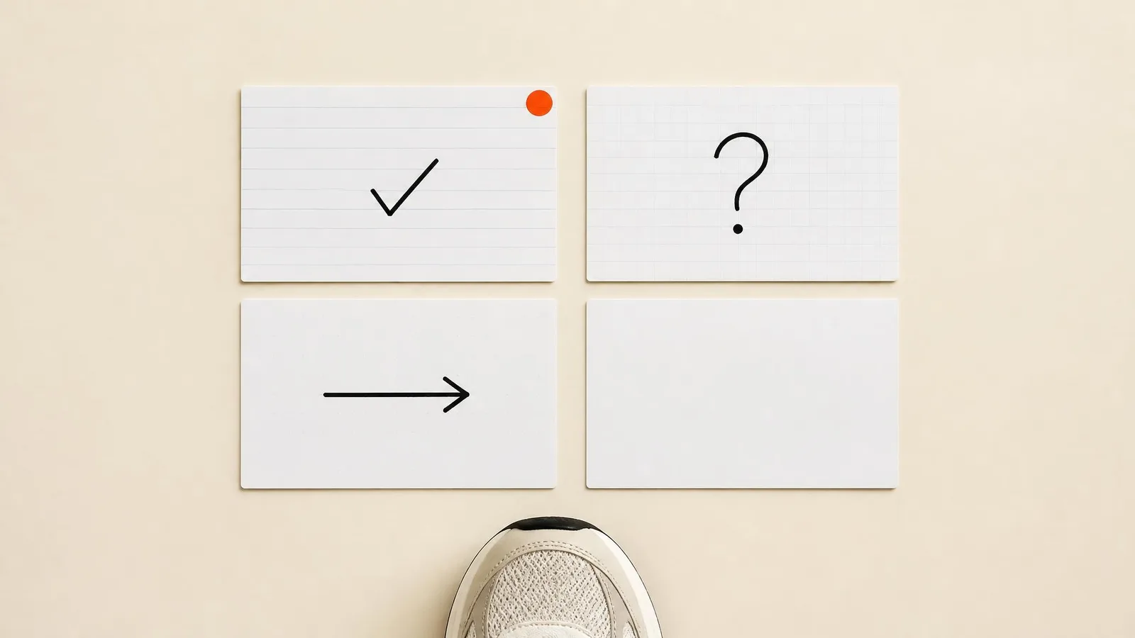 Four small cards arranged in a grid on a cream surface beside a sneaker, representing the four evidence status tiers — documented, reconstructed, estimated and unknown — used to grade purchase cost records.