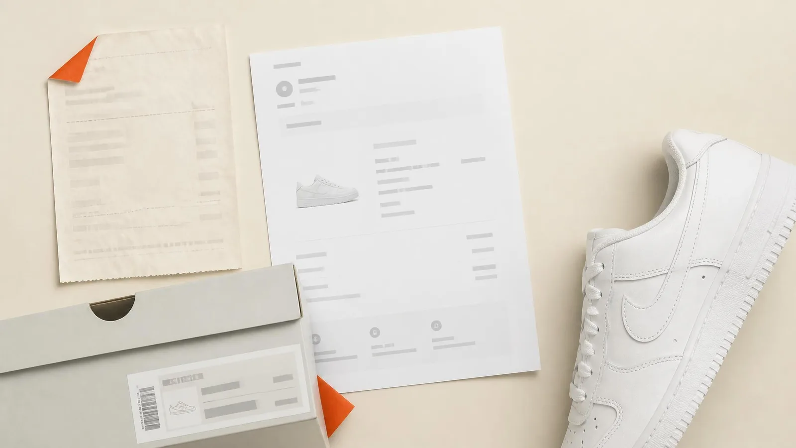 Flat-lay of a sneaker, box label, receipt and order confirmation spread on a warm cream surface, representing the documentation used to rebuild a sneaker collection record.