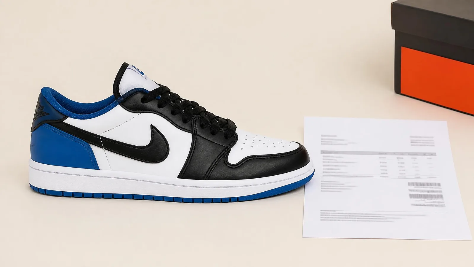 A sneaker in side-profile catalogue view alongside a printed order confirmation receipt on a cream background, illustrating retail purchase documentation.