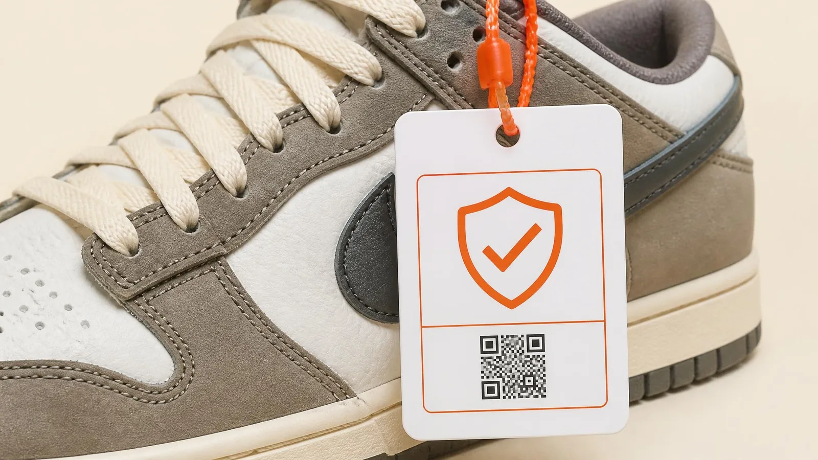 Close-up of a sneaker with a resale authentication tag hanging from the lace loop, illustrating the physical evidence produced by resale marketplace purchases.