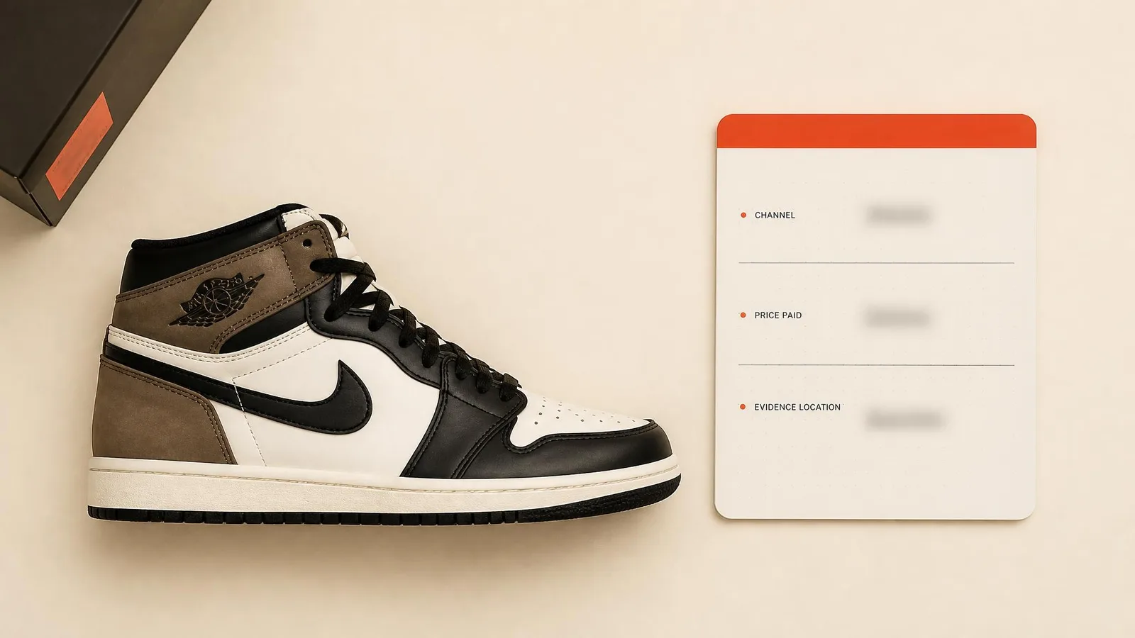 A sneaker displayed beside a minimal data card showing three recording fields: channel, price paid, and evidence location, illustrating the habit of logging purchase details for each pair in a collection.
