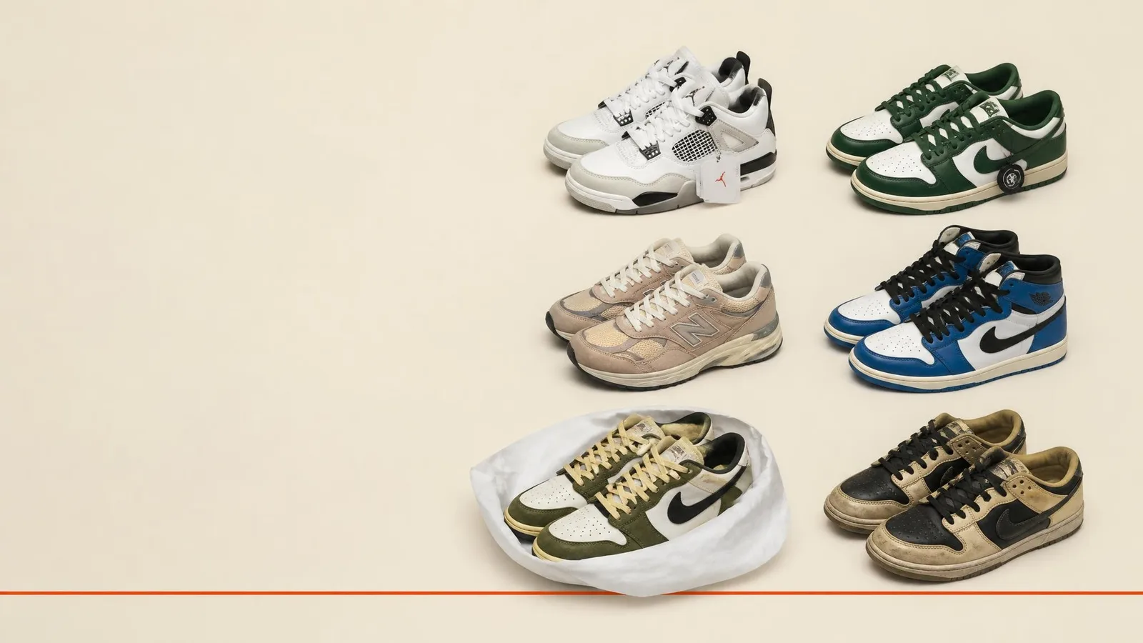 Six sneakers arranged in a flat-lay catalogue style on a cream background, representing the six buying channels: retail, raffle, resale, consignment, secondhand, and private sale.