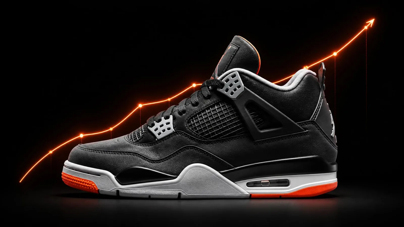 Close-up side profile of a collector sneaker on a dark background with an orange arc graphic suggesting market performance data