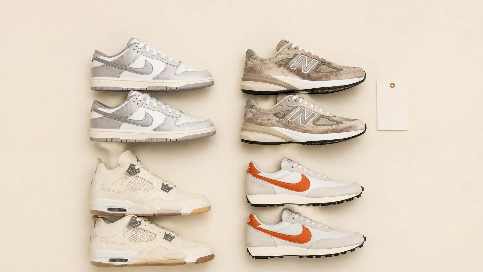Overhead flat-lay of four sneaker pairs arranged in a 2-by-2 grid on a cream surface, styled like a personal sneaker portfolio