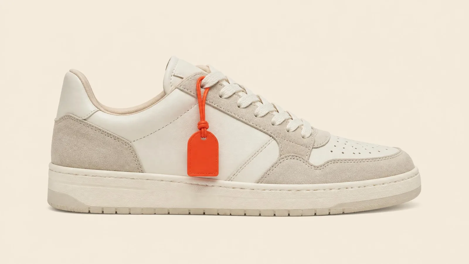 A single premium low-top sneaker photographed in clean side-profile studio style on a warm off-white background, highlighting its silhouette, stitching, and sole detail — the kind of pair a collector keeps for its design rather than its resale value.