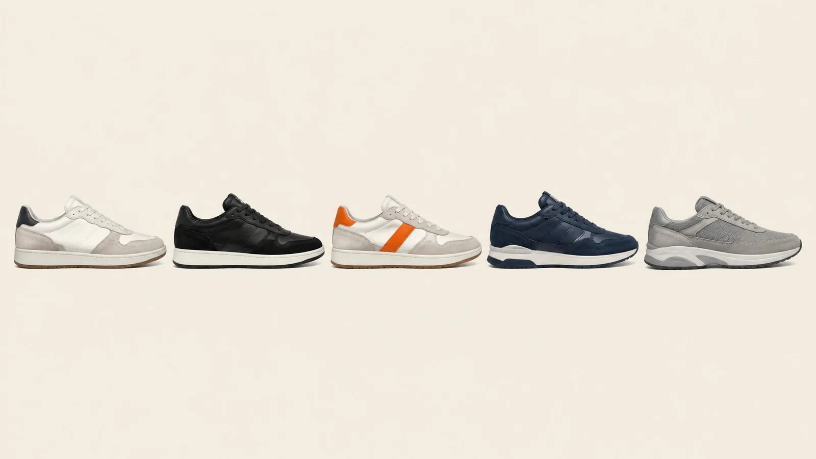 A row of 4 to 5 sneakers arranged in side-profile on a warm off-white background, each pair clearly silhouetted in bright even studio lighting, representing an organised and catalogued sneaker collection.