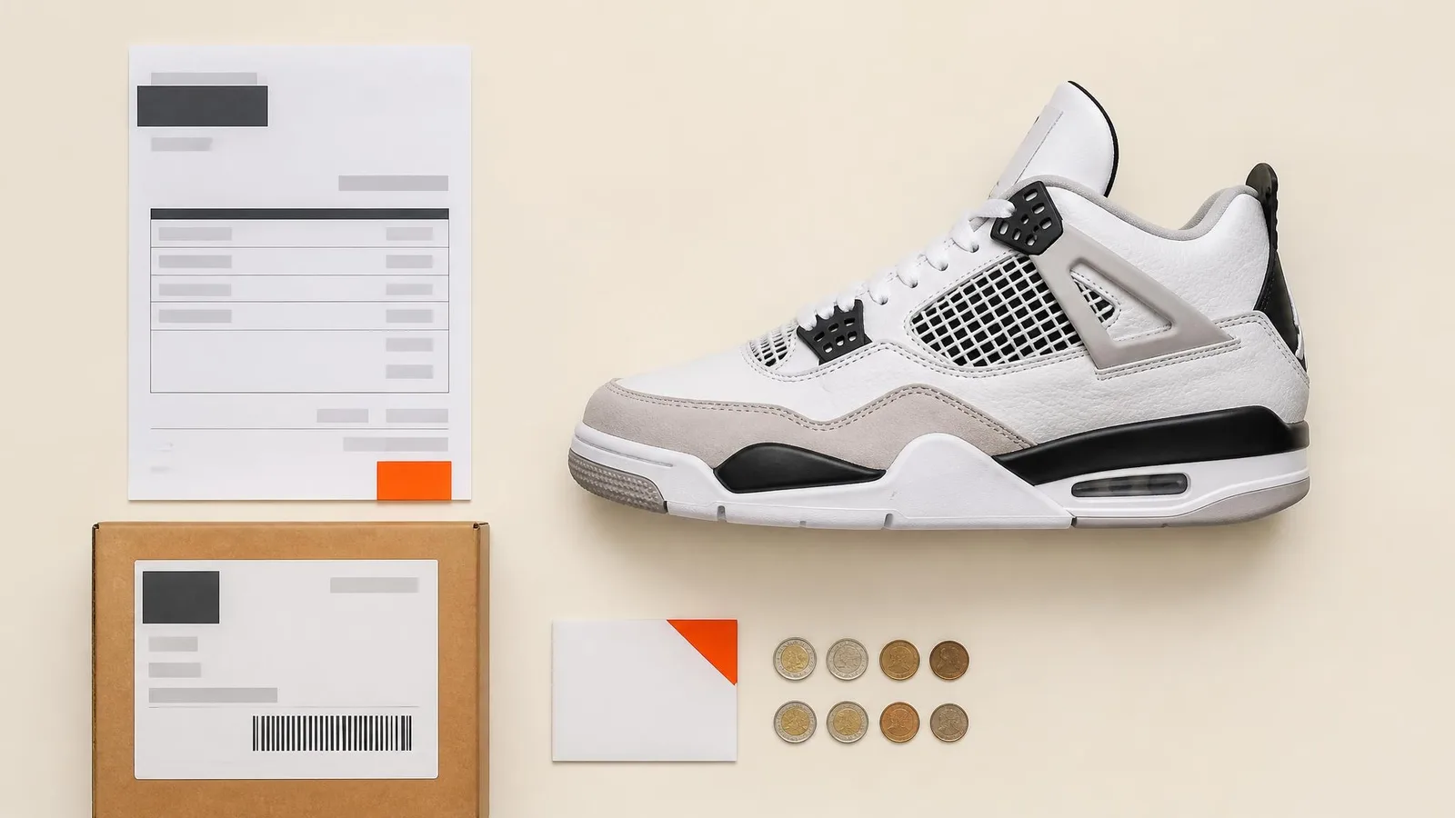 Flat-lay of a white sneaker on a warm off-white surface surrounded by a printed invoice, shipping label, and coins representing the hidden acquisition costs collectors commonly miss.
